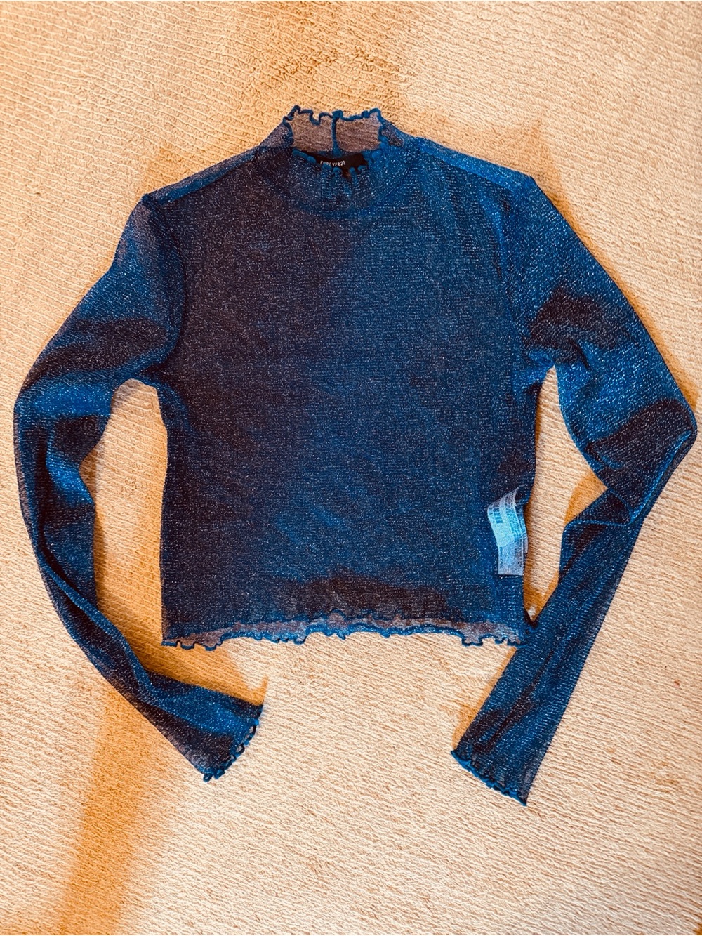 Forever 21 Metallic Navy Sheer Long-Sleeve Mock Neck Top